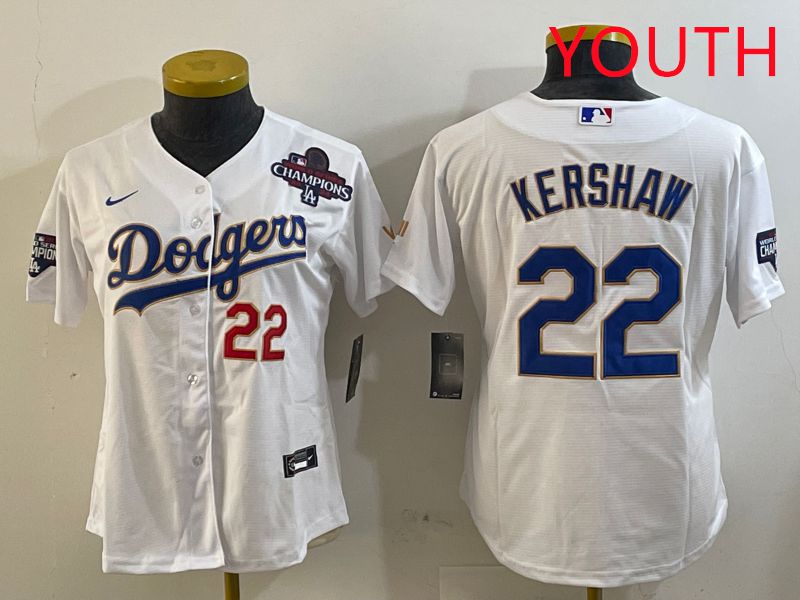 Youth Los Angeles Dodgers 22 Kershaw White Gold Game 2025 Nike MLB Jersey style 4